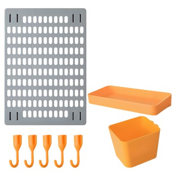 免打孔家用洞洞板置物架8件組 (42x30cm) 含置物盤/收納盒/掛勾 材質: PS 中國製  灰色 + 黃色  1組