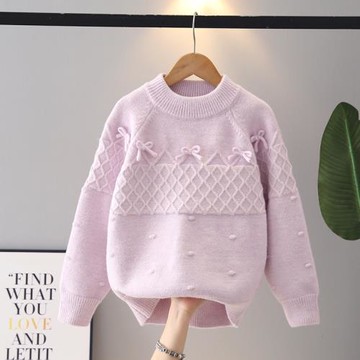 女童白色毛衣針織衫2025秋冬新款蝴蝶結加厚中大童洋氣兒童打底衫