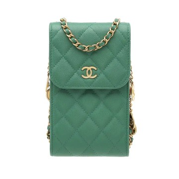 CHANEL 經典菱格紋金幣鏈條手機包斜背包