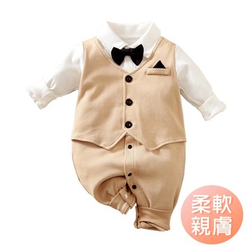 寶寶西裝 滿月禮服 包屁衣套裝 收涎禮服 卡其紳士包屁衣 男寶禮服 嬰兒禮服 西裝連身衣-雪倫小舖