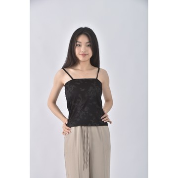 (S) 吊帶棉質無袖圖案黑色上衣二手衣