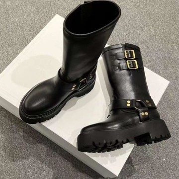 2023秋新款厚底騎士靴機車靴黑色增高中高筒粗跟黑色西部靴朋克靴