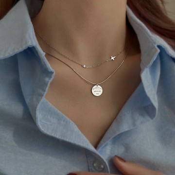 925純銀圓牌字母雙層項鏈女2021年2022鎖骨鏈冷淡風疊戴多層頸鏈