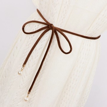 時尚甜美女士打結細腰帶 絨布珍珠裝飾配裙子細腰鏈 蝴蝶結黑色帶