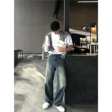 復古水洗做舊直筒牛仔褲男士春夏季vibe松弛感潮牌寬松長褲闊腿褲