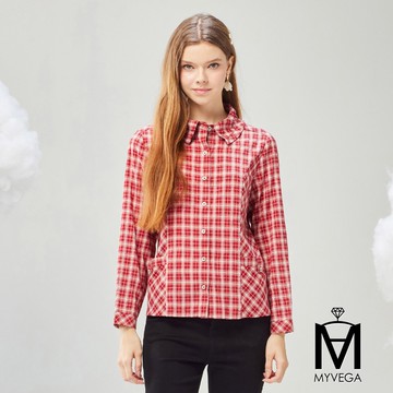 🔶限時58折 MA 撞色格紋亮片鑽釦開襟襯衫-紅