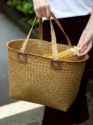 Kens 橢圓草編提籃 日式編織菜籃收納筐文藝野餐籃購物籃臟衣籃