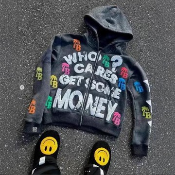 Y2K跨境潮流美式印花圖案寬松休閑舒適連帽拉鏈復古衛衣外套上衣