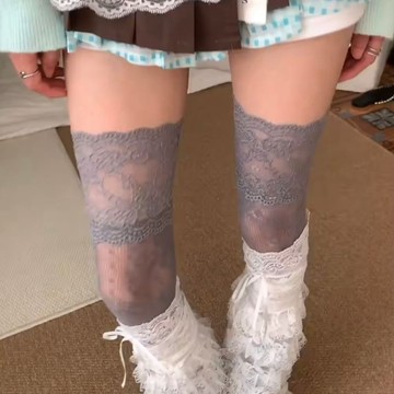 秋季新款蕾絲絲襪 拼接過膝長筒襪 女純欲風大腿襪 jk日系甜美蕾絲大腿絲襪