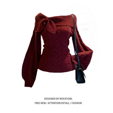 大碼胖mm洋氣減齡露肩蝴蝶結針織衫女秋冬新款設計感收腰紅色毛衣