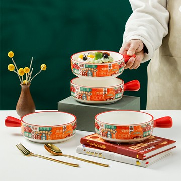 小食光新款復古手柄碗陶瓷把手烤碗宿舍用學生餐具網紅泡面碗家用