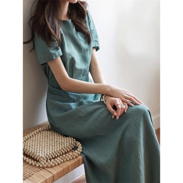 溫柔風綠色棉麻連衣裙女夏2021新款收腰修身顯瘦氣質亞麻長款裙子