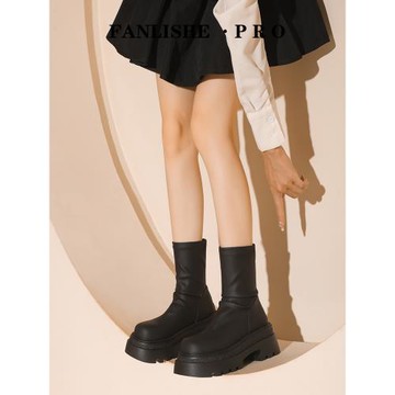 靴子短靴女2024秋冬新款黑色百搭彈力瘦瘦靴小個子增高厚底堆堆靴