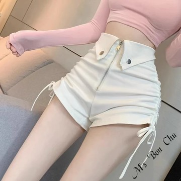 翻領拉鏈抽繩短褲【9209】韓系INS修身顯瘦純欲性感辣妹甜辣時尚網紅高腰抽繩短褲 高腰短褲 黑褲 BonChu