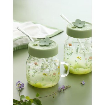 藍蓮花大容量帶吸管玻璃杯高硼硅帶蓋高顏值女把手杯子耐高溫水杯