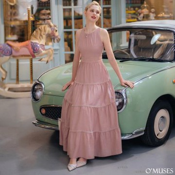 OMUSES 削肩刺繡粉色長洋裝