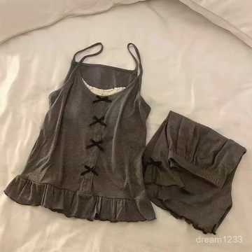 限時下殺🌙 【1.6萬人收藏】寬鬆睡衣女 夏季新款簡約灰色兩件套 甜美蝴蝶結家居服 可外穿套裝睡衣 家居服 睡衣 兩件套