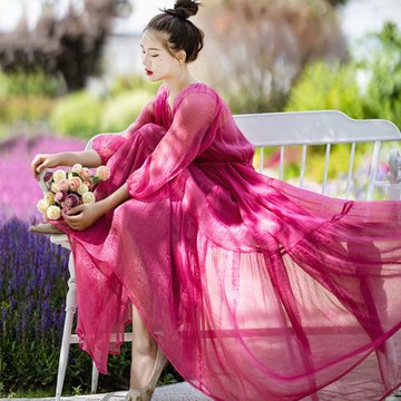 棉麻記【粉霧海岸】雪紡V領長裙女春夏2025新款粉色連衣裙仙女裙