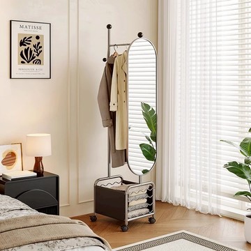 中古風旋轉穿衣鏡輕奢高級感可移動全身落地衣架鏡子一體掛衣帽架 y8068