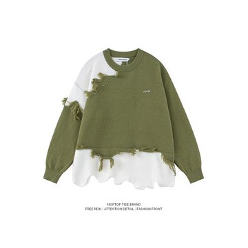 WHXS美式不規則磨破日系毛衣男女復古oversize情侶假兩件針織線衫