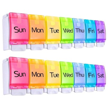 OMORY 按壓式七日彩虹藥盒 2盒裝 一週藥量提醒 分隔設計 PP材質 透明可視 方便攜帶  1組