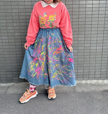 獨一無二 | 手繪塗鴉丹寧長裙 (古著再製)