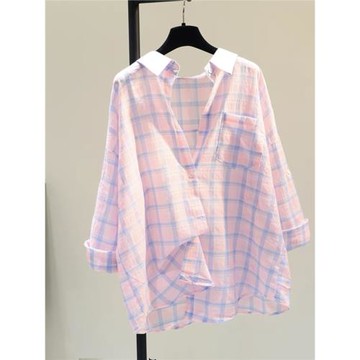 品牌折扣剪標專柜外貿單口袋棉麻格子防曬襯衫女春秋寬松休閑襯衣