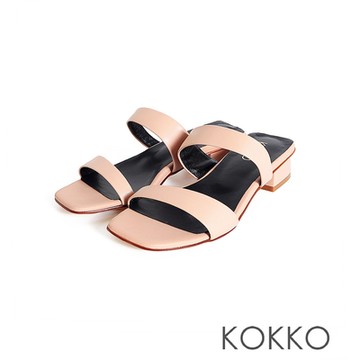 KOKKO極簡時尚雙帶柔軟綿羊皮方頭涼拖鞋裸膚色