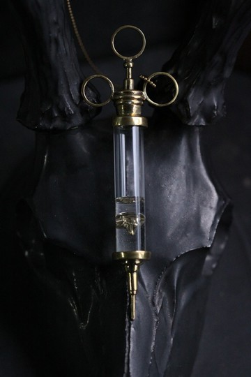 Defy 帶有鳥頭骨項鍊的注射器。