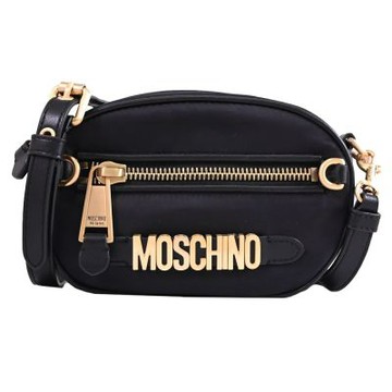 MOSCHINO 經典金屬LOGO輕尼龍橢圓造型迷你斜背/相機包(黑)