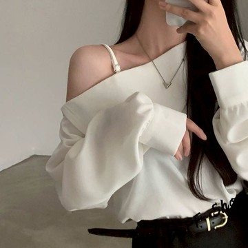 韓版小眾氣質設計感露肩長袖襯衫【W690】