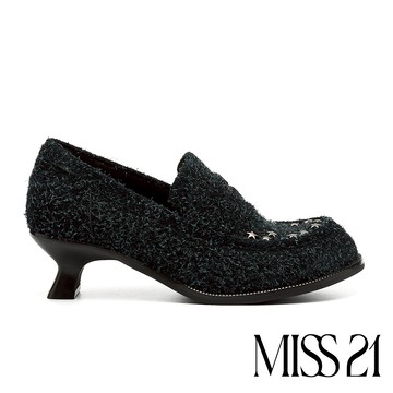 MISS 21 怪美知星少女星星鉚釘麂皮大頭樂福高跟鞋－黑