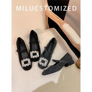 小方頭水鉆方扣毛呢瑪麗珍鞋女2025春季新款淺口一字帶粗跟單鞋女