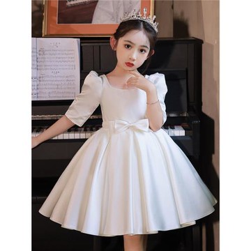 兒童高端晚禮服白色短款公主蓬裙花童裝鋼琴演出服女泡泡長袖氣質