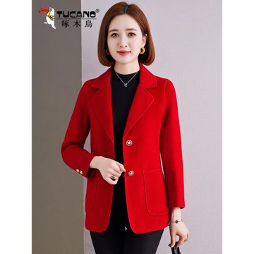 啄木鳥紅色雙面羊絨短款外套女2026新款秋冬媽媽西裝羊毛呢子大衣