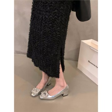 法式中高跟水鉆方頭銀色單鞋女鞋子春秋2025年新款夏季溫柔晚晚鞋