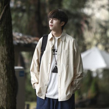 日系復古長袖襯衫男春季設計感寬松休閑襯衣美式高街潮牌痞帥外套