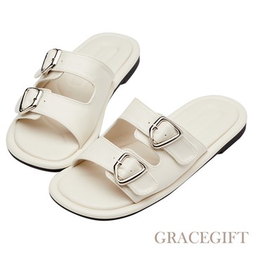 【Grace Gift】個性小男孩雙帶銀釦平底拖鞋 米白
