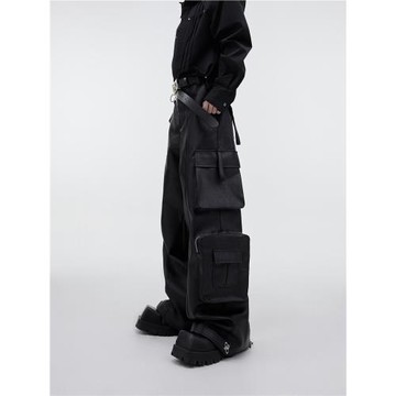 CulturE小眾工裝PU皮褲闊腿褲立體大口袋金屬拉鏈設計感重工長褲