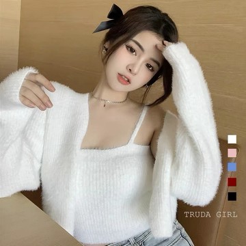 《杜達女孩》絨化你心 兩件式仿水貂毛上衣 毛茸茸背心上衣兩件套 針織套裝 毛衣套裝 兩件式 針織上衣 毛絨上衣 長袖上衣