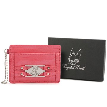 Crystal Ball 狗頭鉚釘鑽飾亮面證件卡夾-亮桃紅色