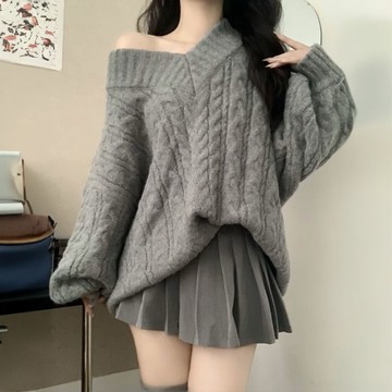 愛依依 針織衫 毛衣 套頭衫 上衣 秋冬慵懶風軟糯時尚麻花v領針織上衣-9159.