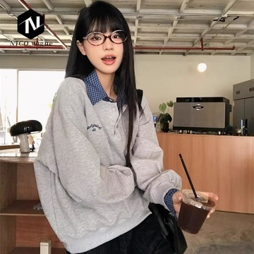 【Nico】純棉華棉複合 韓系設計感假兩件拼接長袖衛衣女寬鬆顯瘦上衣 假兩件上衣衛衣 大學t 女 長袖上衣女 長袖棉t