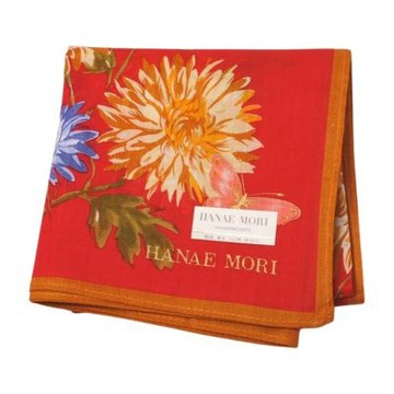 Hanae Mori 日本製100%棉紅底藍金菊圖騰字母LOGO帕巾(43CM)
