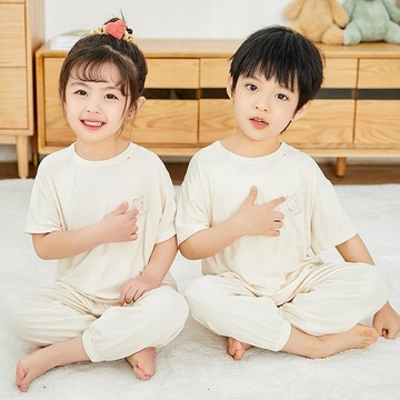 莫代爾透氣涼感短袖家居服套裝/空調服-熊熊-奶油色