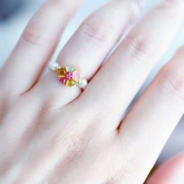 負離子能量寶石 彩虹碧璽與淡水珍珠戒指 尾戒 10月/6月誕生石