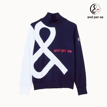 【and per se】女款深藍色吸濕發熱輕量針織非對稱配色魅力毛衣 DLU4J260