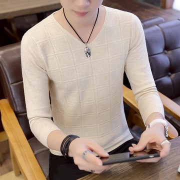 秋季V領T恤男士韓版時尚寬松薄款休閑純色線衣男裝外套潮流秋衣潮