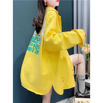 破洞牛仔襯衫外套女春秋款時尚洋氣休閑百搭夾克上衣中長款牛仔衣