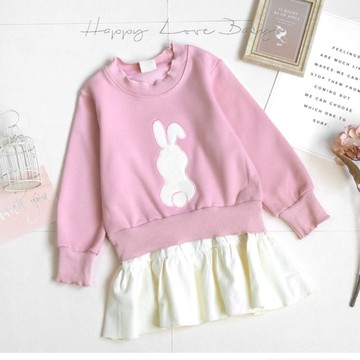 厚款 粉嫩兔兔背影假兩件不倒絨長版上衣 秋冬童裝 女童上衣 女童長袖 女童棉T 長版上衣 連身裙